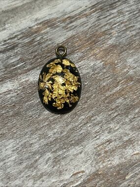 Gold Flakes in Black Oval Pendant